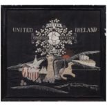 A HAND EMBROIDERED NEEDLEWORK DISPLAY OF NATIONALIST THEME, comprising the title 'United