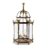 A VERY LARGE BRASS HALL LANTERN, 19TH CENTURY, (E) of hexagonal form, the domed section