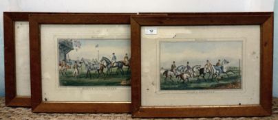 A series of four 19thC coloured engraving prints, horse racing studies  7" x 10"  framed