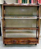 A modern Regency style mahogany four tier hanging shelf with two short/one long drawer  36"h  27"w