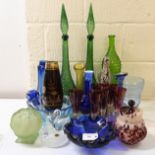 Decorative glassware: to include a pair of green knobbly decanters with stoppers  22.5"h; and a