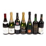 Seven bottles of mixed port, red wine and champagne