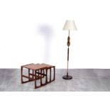 A ‘Quadrille’ nest of three teak tables; and a mid-Century teak and copper standard lamp