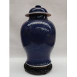 A large Chinese powder blue baluster vase and cover Kangxi style with traces of gilt decoration