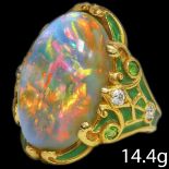 ART-NOUVEAU OPAL, ENAMEL AND DIAMOND RING