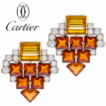 CARTIER LONDON, PAIR OF RETRO CITRINE AND DIAMOND CLIP BROOCHES
