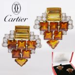 CARTIER LONDON, PAIR OF RETRO CITRINE AND DIAMOND CLIP BROOCHES,