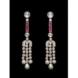 ELEGANT PAIR OF ART DECO DIAMOND, PEARL AND RUBY EARRINGS.