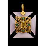 ANTIQUE HARDSTONE MALTESE CROSS GOLD PENDANT
