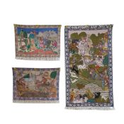 THREE INDO-PERSIAN CROSS STITCH CREWEL WORK PANELS OR RUGS (3)