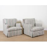 BESPOKE SOFA LONDON; A PAIR OF GREEN AND BEIGE STRIPED UPHOLSTERED ARMCHAIRS (2)