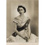 QUEEN ELIZABETH II. A photographed portrait of Queen Elizabeth II, SIGNED "Elizabeth R, 1953."