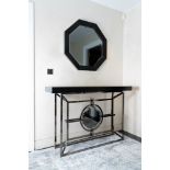 A RECTANGULAR TEXTURED BLACK LEATHER VENEERED CONSOLE TABLE (2)