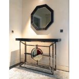 A RECTANGULAR TEXTURED BLACK LEATHER VENEERED CONSOLE TABLE (2)