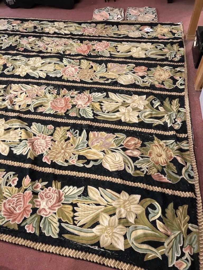 A large needlework rug/wall hanging and two crewel work needlework ...