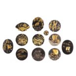 Buttons, shakudo, Japan, late 19th / early 20th Century, all of bachelor type, twelve, including a