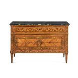 Commode Late 18th Century-early 19th Century - Veneered in precious woods, richly inlaid with floral