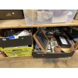 A shelf of various ceramics, Crown Ducal glassware, teaware, artwork, a stained glass panel and