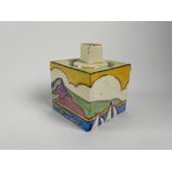 A Clarice Cliff Bizarre inkwell and cover decorated in the Gibraltar pattern, inscribed to the