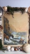 Seascape gouache signed EGO in shell-adorned frame