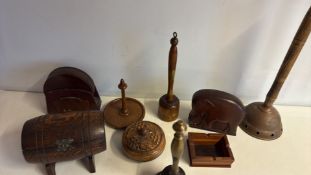 Collection of treen wares with bell and copper bed-warmer