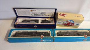 Group of Four Boxed Model Locomotives and Corgi Fire Engine