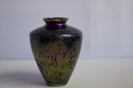 A Royal Brierley iridescent art glass vase, handmade in England, mottled multicolour lustre