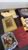 Group of ephemera, books and assorted badges, with boxed dish