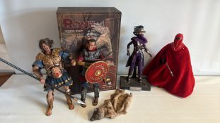 Group of four collectible action figures including Rome Imperial Legion and Star Wars figures