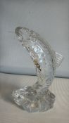 Etched-signed moulded glass leaping salmon figure