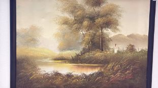 Framed oil on canvas river landscape with figure