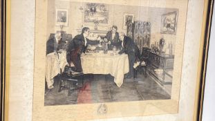 Framed monochrome print depicting gentlemen at table