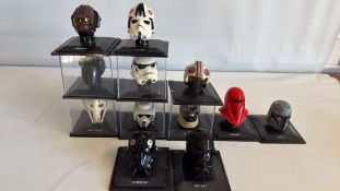 Set of 10 Star Wars helmet miniatures with display stands and acrylic cases