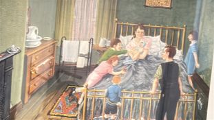 Limited-edition colour print of a mother and children in a bedroom interior, numbered 149/350