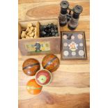 An Assortment of Victorian Style Table Croquet Balls, Chess Set, Field Binoculars, and Framed Britis