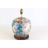 Polychrome Enameled Porcelain Ginger Jar Table Lamp on Carved Wood Base