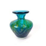 A Mdina Maltese blue glass vase decorated with yellow streaks, signed to the base, 13cm H