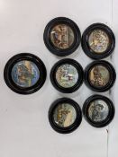 Seven Prattware pot lids, all framed, to include The Enthusiast, A Letter from the Diggings, War,