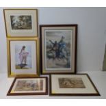 A mixed lot of pictures to include a scene of a young lady paddling in the ocean; a battle scene