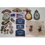 New Zealand Air Force cloth uniform badges and others together with hat badges, medals and coins.