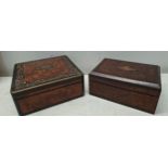 Two 19th Century French walnut jewellery boxes with cushioned linings, the larger having mother of