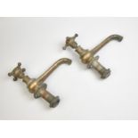 A Pair of Early 20th Century Brass Bath Taps with Enamelled Tops, Hot and Cold, 19cms High Overall