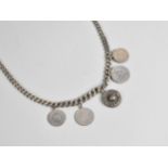 An Antique Silver Watch Chain with Various Coins and Tokens to include 1905 Dutchesmark Reich 1/2