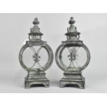 A Pair of Green Patinated Lanterns of Cylindrical Form with Fleur De Lys Decoration, 37cms High, New