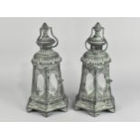 A Pair of New and Unused Green Patinated Hexagonal Lanterns of Tapering Form, 34.5cms High