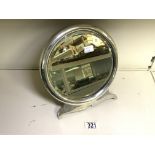 A VICTORIAN STERLING SILVER MOUNTED TABLE MIRROR, BY WILLIAM COMYNS, LONDON 1900, CIRCULAR FORM,