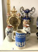 VINTAGE CERAMIC CLOCK (40CM TALL), WITH PAIR OF JAPANESE VASES AND ONE OTHER WITH COPELAND SPODE