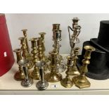 VINTAGE SILVER-PLATED AND BRASS CANDLESTICKS (3 PAIRS), AND 1 PAIR OF BUD VASES,