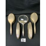 A STERLING SILVER MOUNTED DRESSING TABLE SET, BIRMINGHAM 1939, COMPRISING; HAND MIRROR, PAIR OF