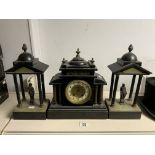 VICTORIAN BLACK SLATE AND MARBLE MANTEL CLOCK WITH MATCHING GARNITURE RETAILED BY T. BRAYBROOKE